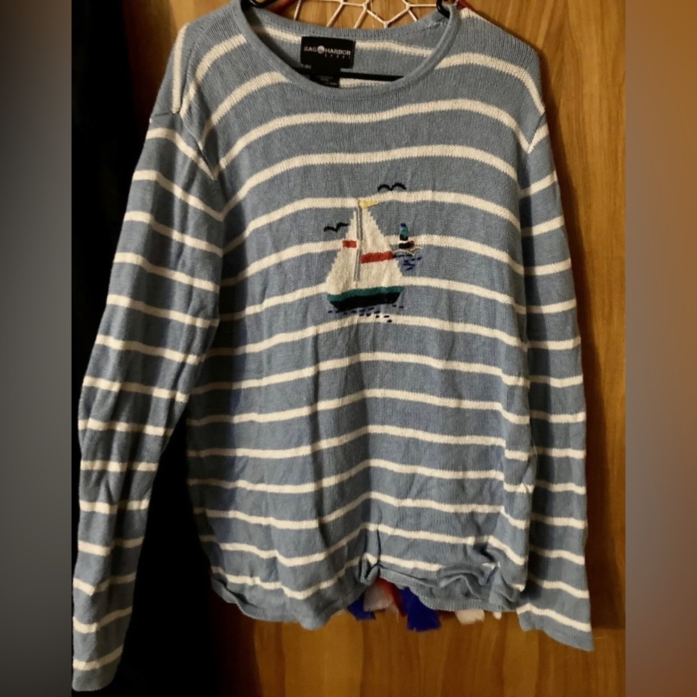 Women's Vintage Sag Harbor Sport Light Blue Stripped Sweater Sailboat XL